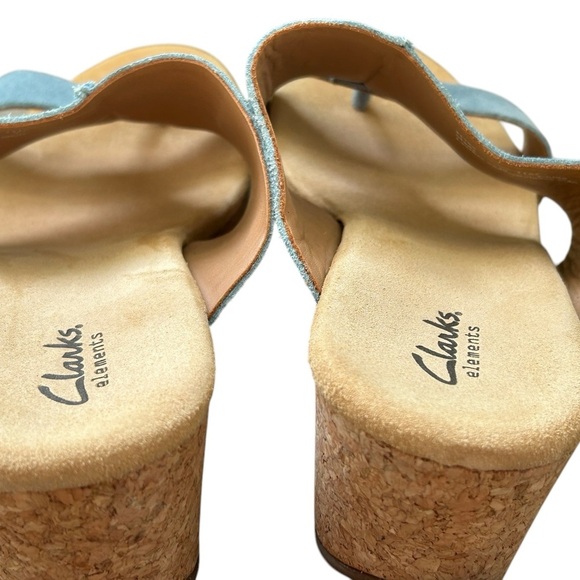Clarks Elements Soft Suede Soft Cork Heel Cushion Thong Blue Sandal Sz 10 - Picture 4 of 13
